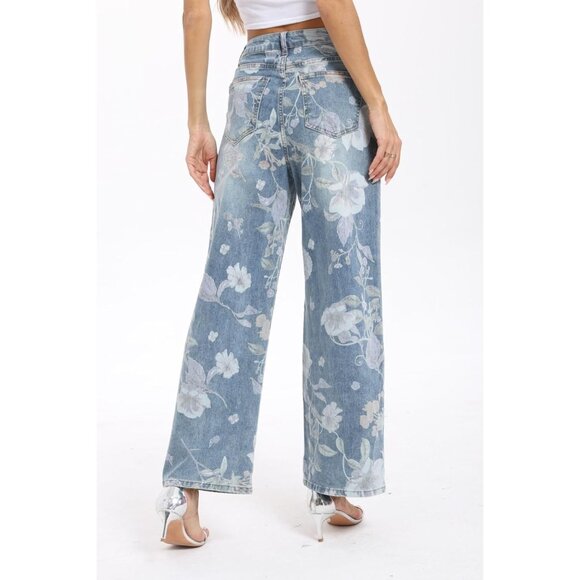 Women's Floral High Waisted Straight Leg Stretch Denim Jeans Summer Casual - Picture 5 of 7